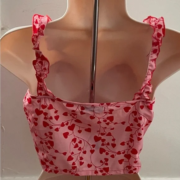 SHEIN pink red heart print all over crop top, size S Barbiecore festival summer - Picture 8 of 14